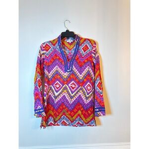 Jade Melody Tam Tunic Top Womens Small Pink Multi Geometric Cotton Split Neck